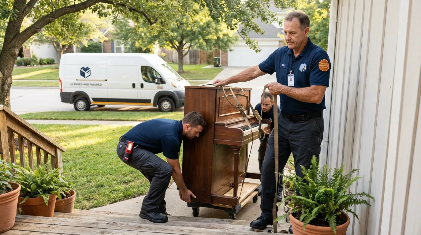 Licensed piano movers securing grand piano in Greenwood, LA