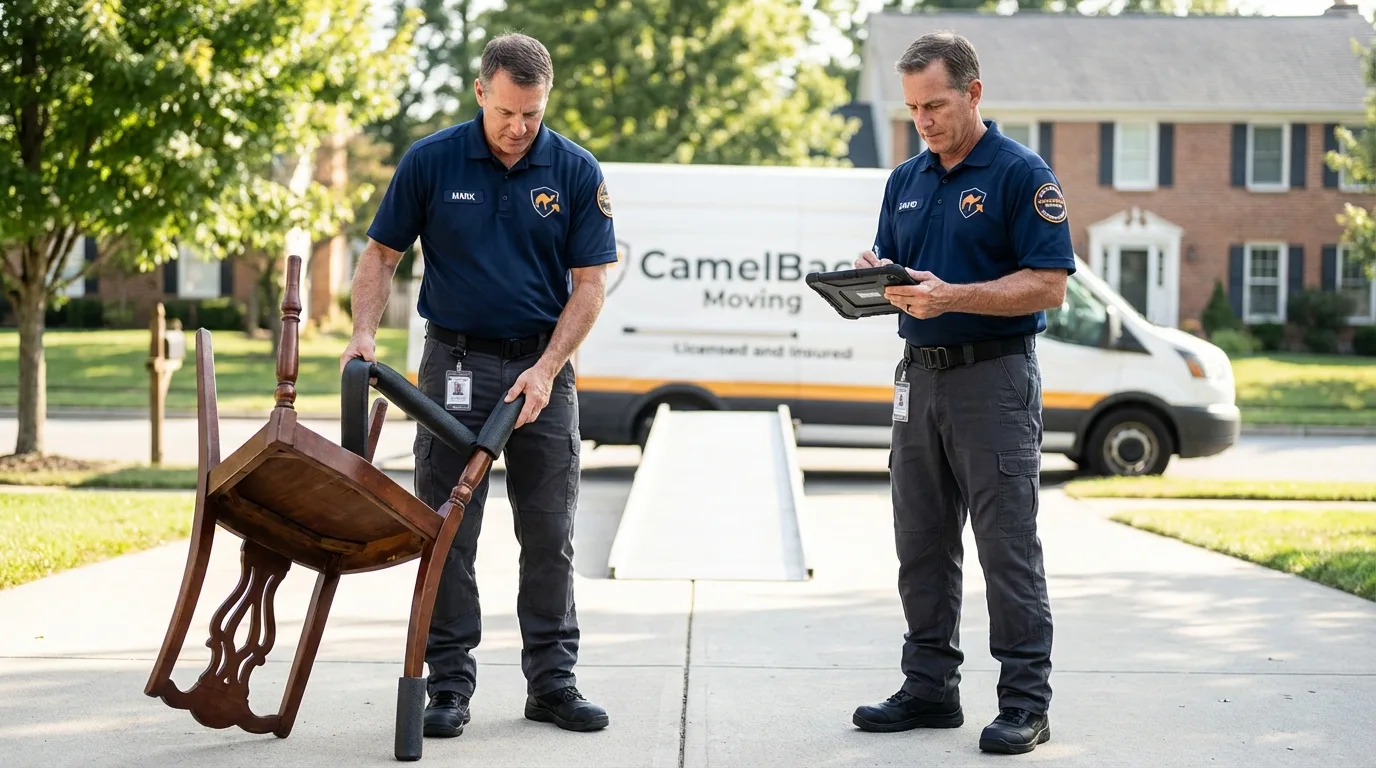 Movers inspecting furniture for damage prevention before loading in Greenwood, LA